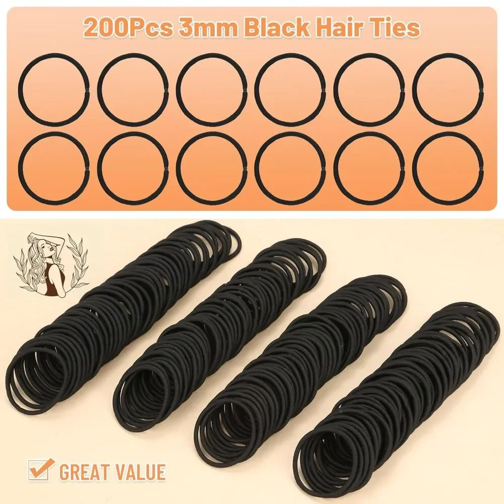 Women's 200 Pcs Black Hair Ties Elastics Ponytail Bands for Thick Curly Hair